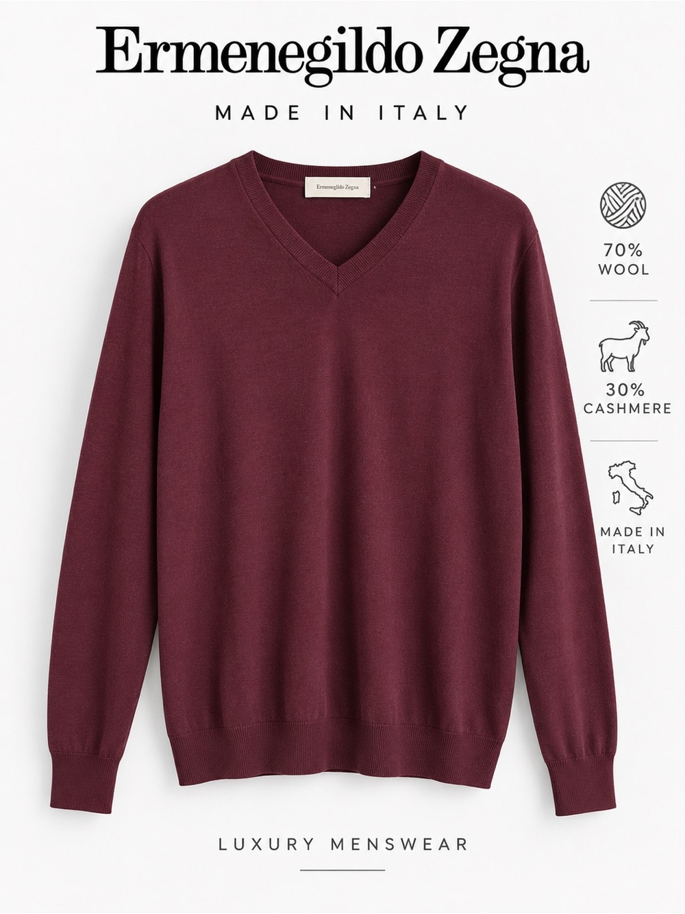 Ermenegildo Zegna Burgundy Wool Cashmere V-Neck Sweater Men’s XL Italy